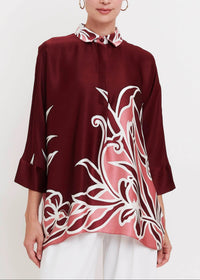 Burgundy Bloom Roman Silk Blend Top