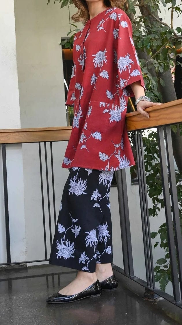 Crimson Bloom Linen Blend Co-Ord Set