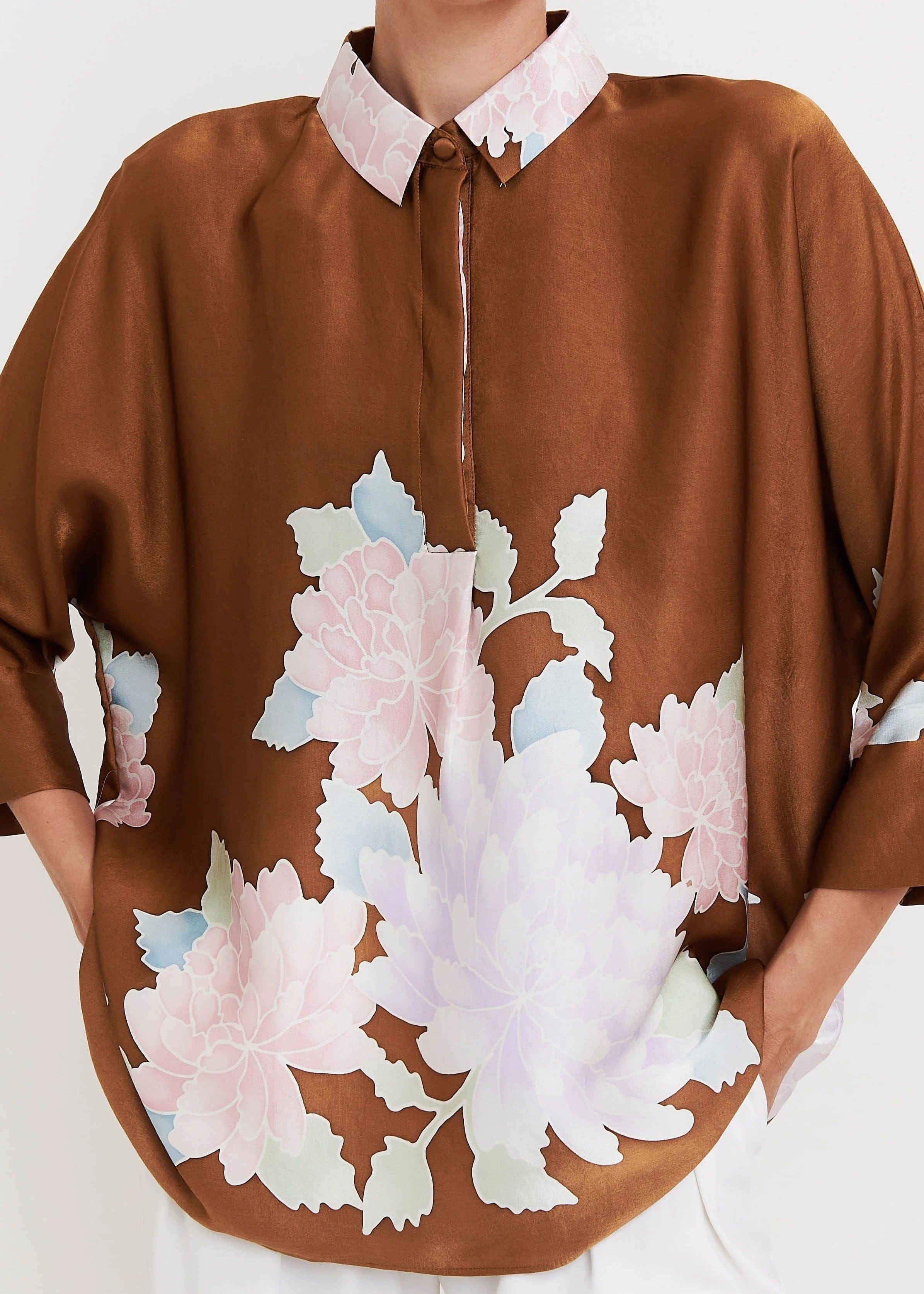 Mocha Bloom Roman Silk Blend Top