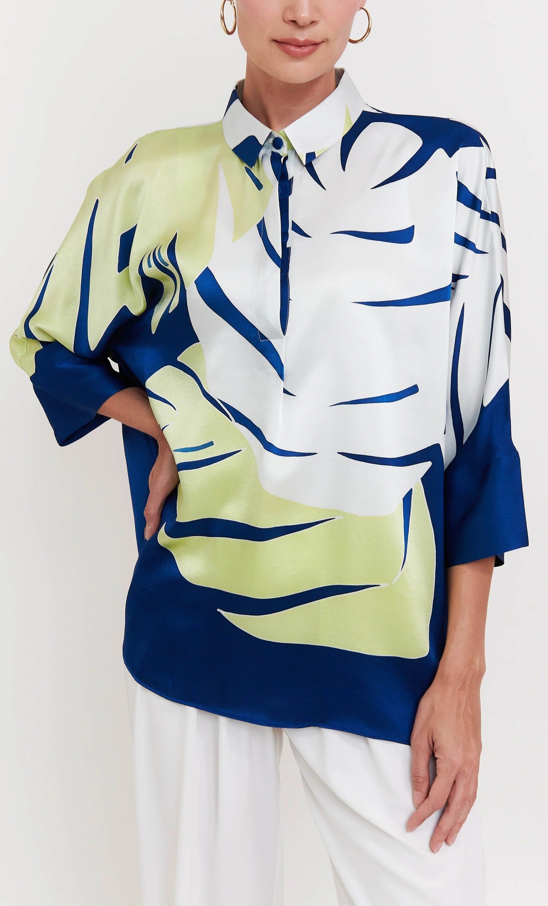 Azure Palm Roman Silk Blend Top